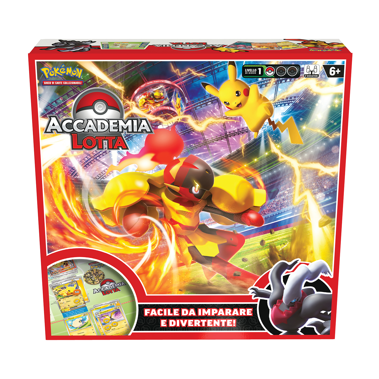 Scatola gioco carte collezionabili Pokemon con Pikachu, un Pokemon rosso e giallo e Darkrai.