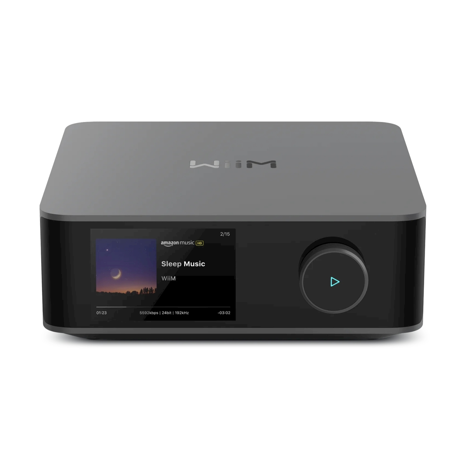 Ein grauer WiiM Musikstreamer mit Display, das Amazon Music zeigt.