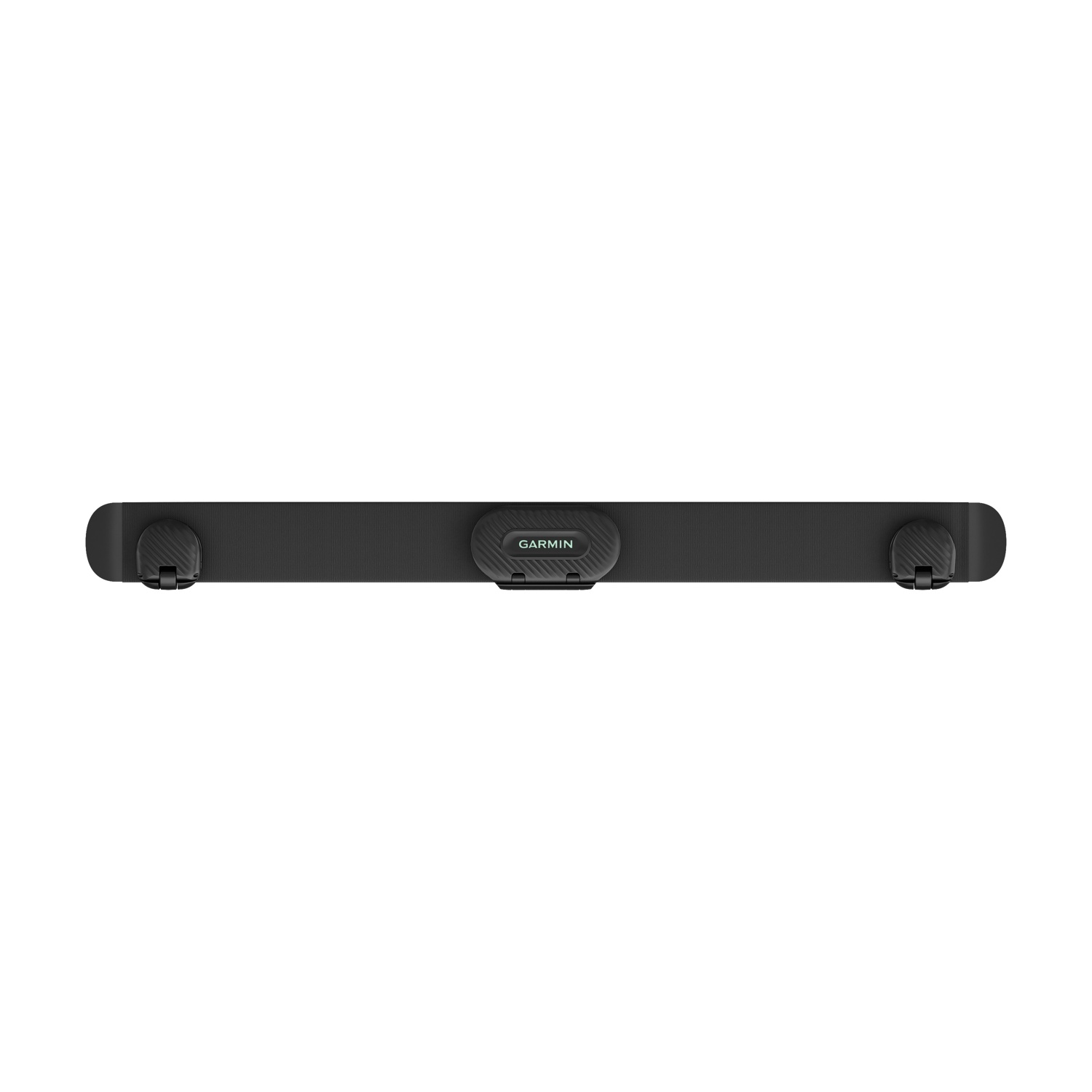 Schwarzer Garmin Herzfrequenzgurt mit grauem Muster und Clips an den Enden.
