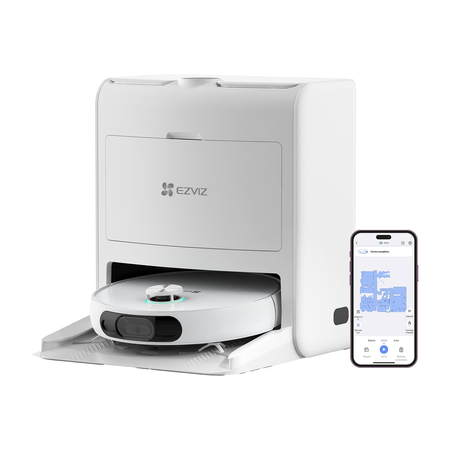 Biały robot sprzątający ze stacją dokującą i aplikacją mobilną.