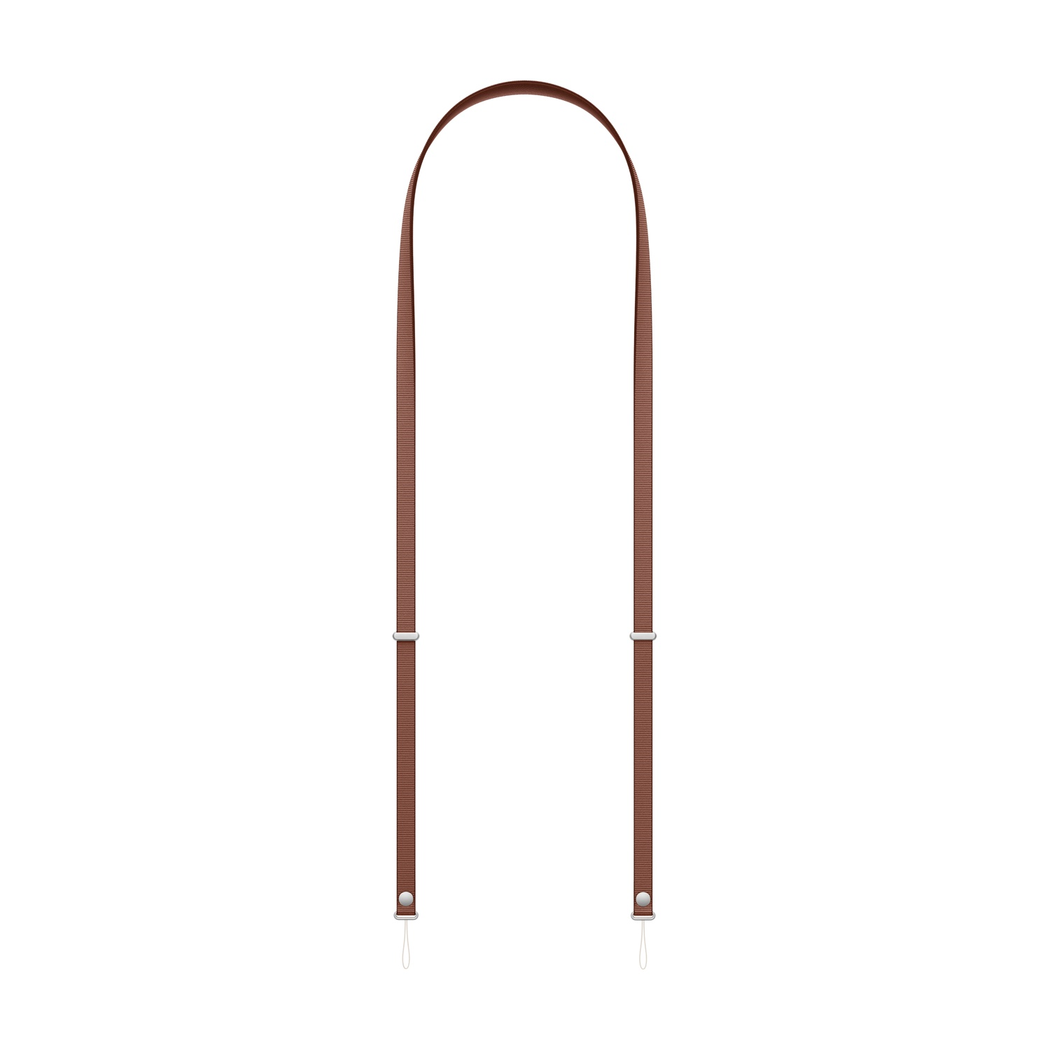 Brązowy pasek ze srebrnymi zapięciami i pętelką na końcu.