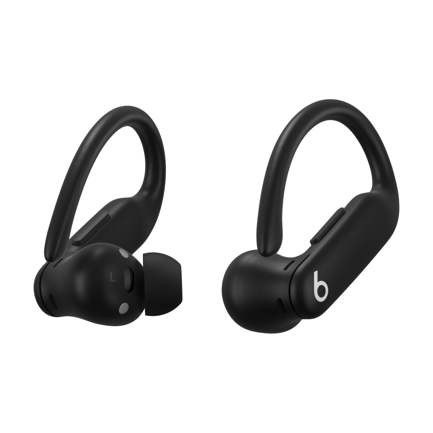 Dwa czarne bezprzewodowe słuchawki z zaczepami na uszy na białym tle.