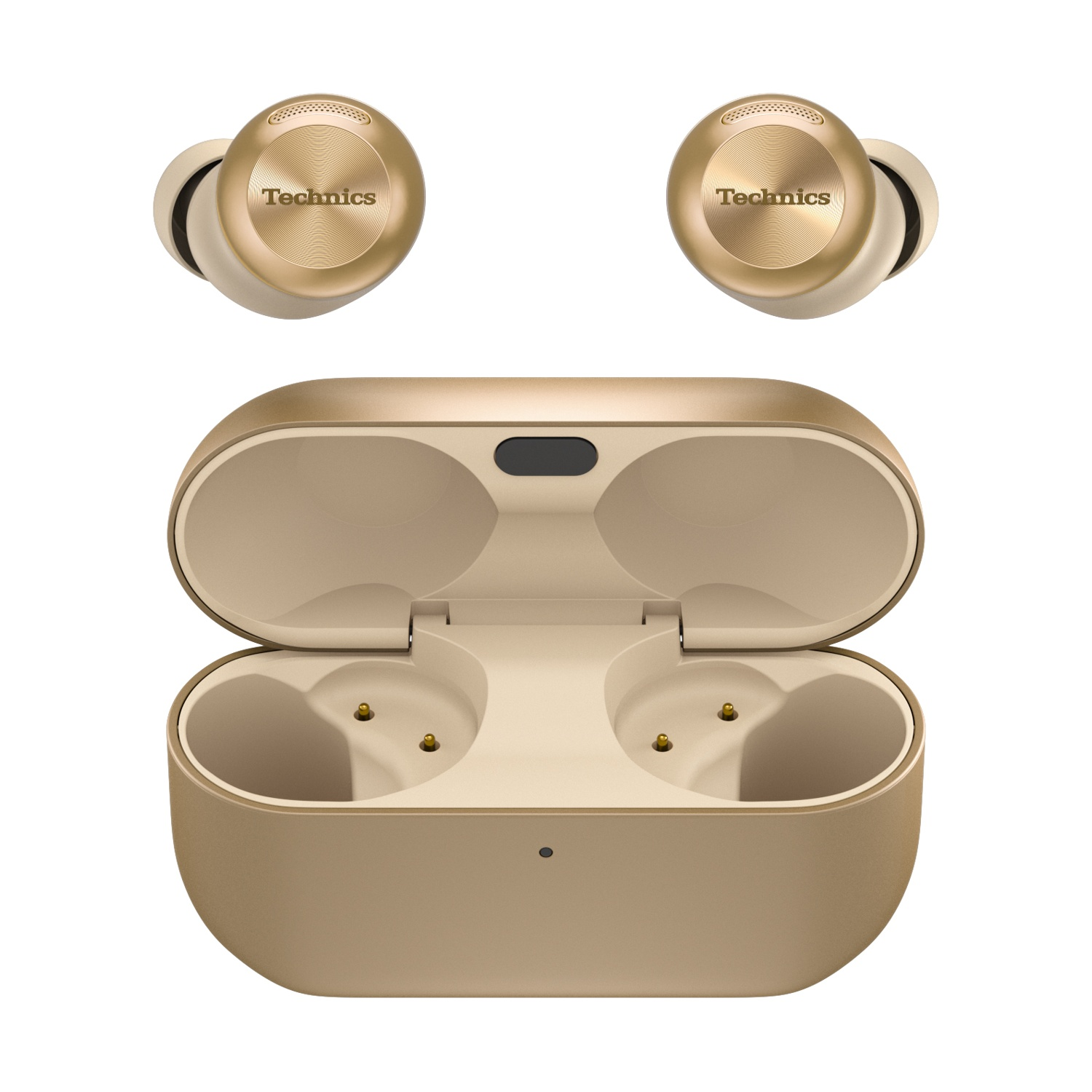 Złote słuchawki bezprzewodowe z etui ładującym. Logo Technics.