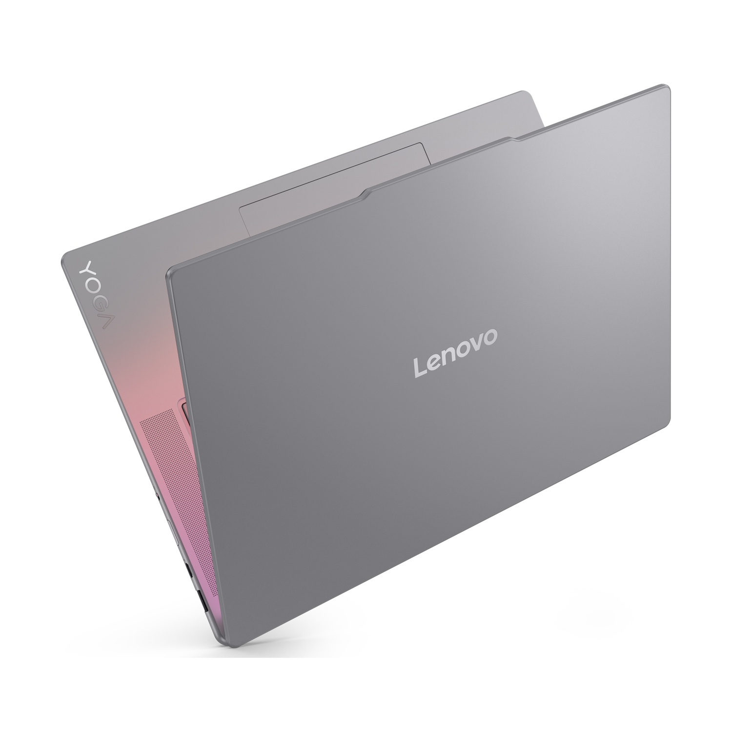 Un laptop Lenovo Yoga grigio chiuso con accenti rosa.