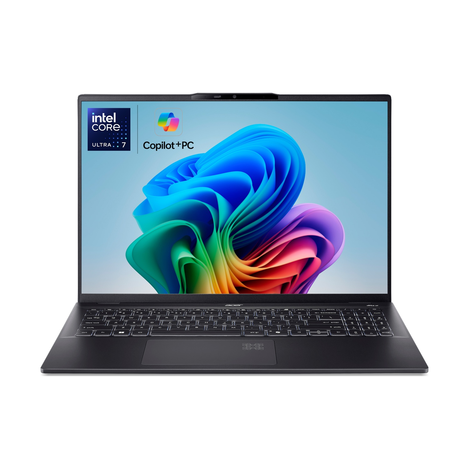 Laptop nero con logo Intel Core Ultra 7, icona Copilot+PC e sfondo colorato.