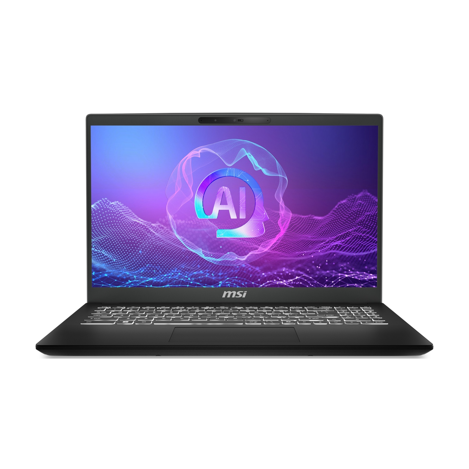 Un laptop nero con tastiera retroilluminata e logo AI sullo schermo.