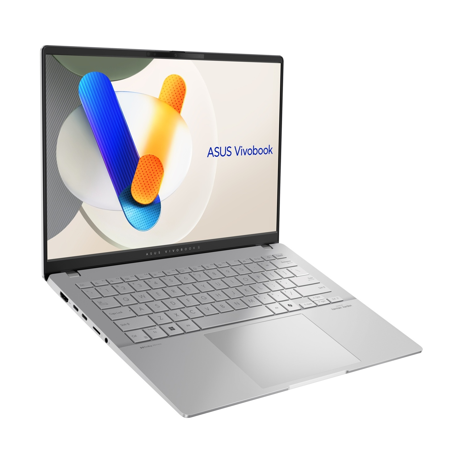 Un laptop Asus Vivobook argentato con uno sfondo colorato sullo schermo.