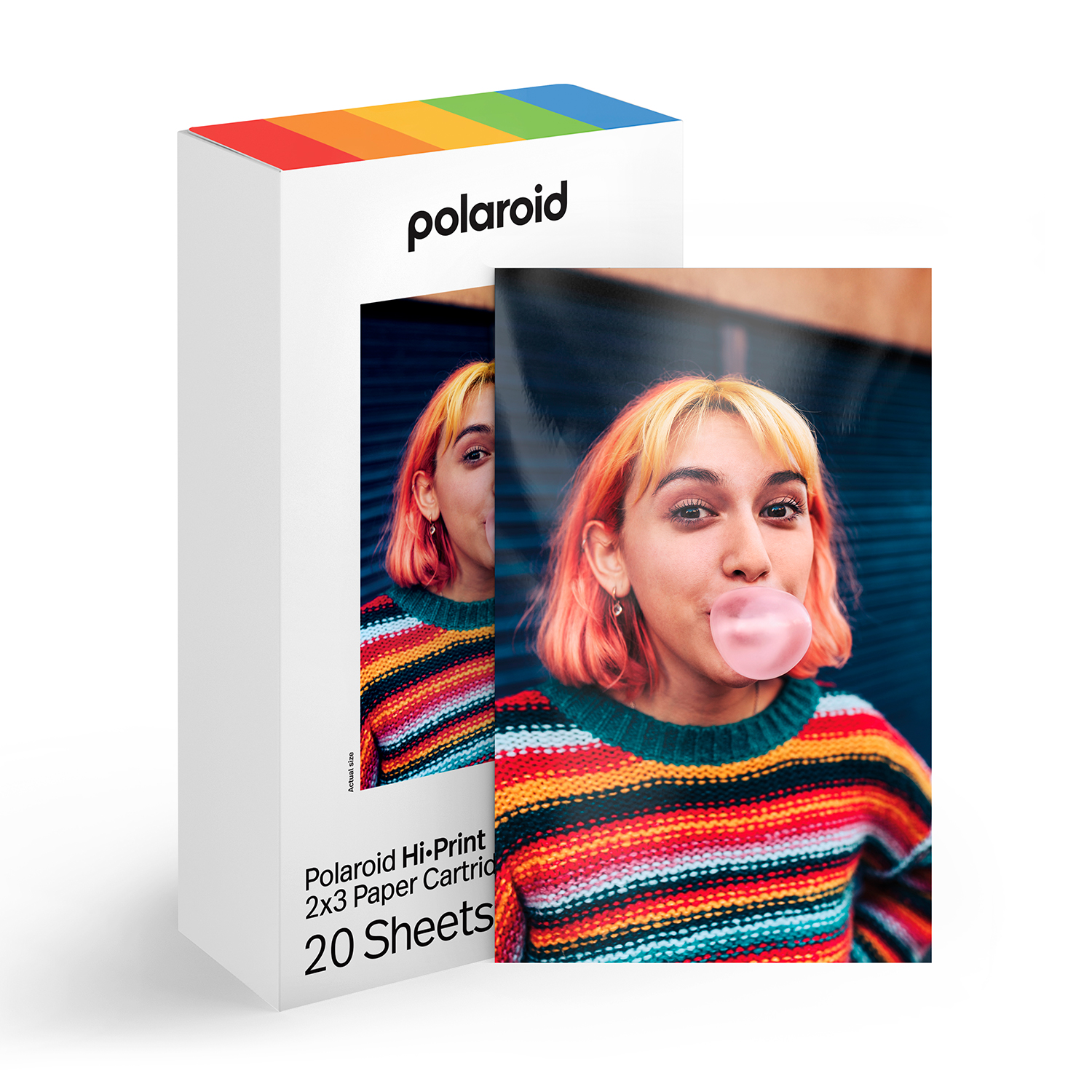 Emballage Polaroid avec femme soufflant du chewing-gum.