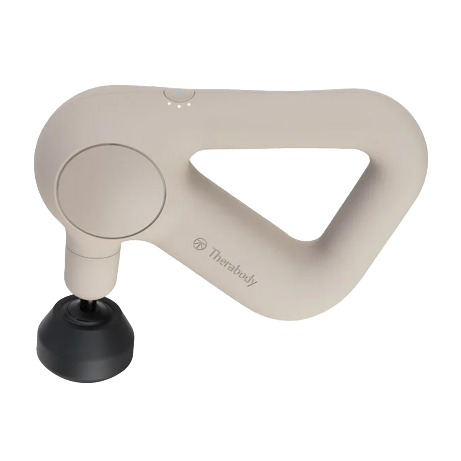 Beżowy pistolet do masażu z czarną nasadką.