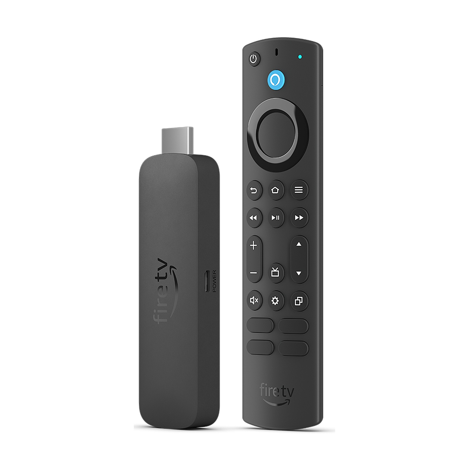 Ein schwarzer Fire TV-Stick und eine Fernbedienung liegen nebeneinander auf weißem Hintergrund.