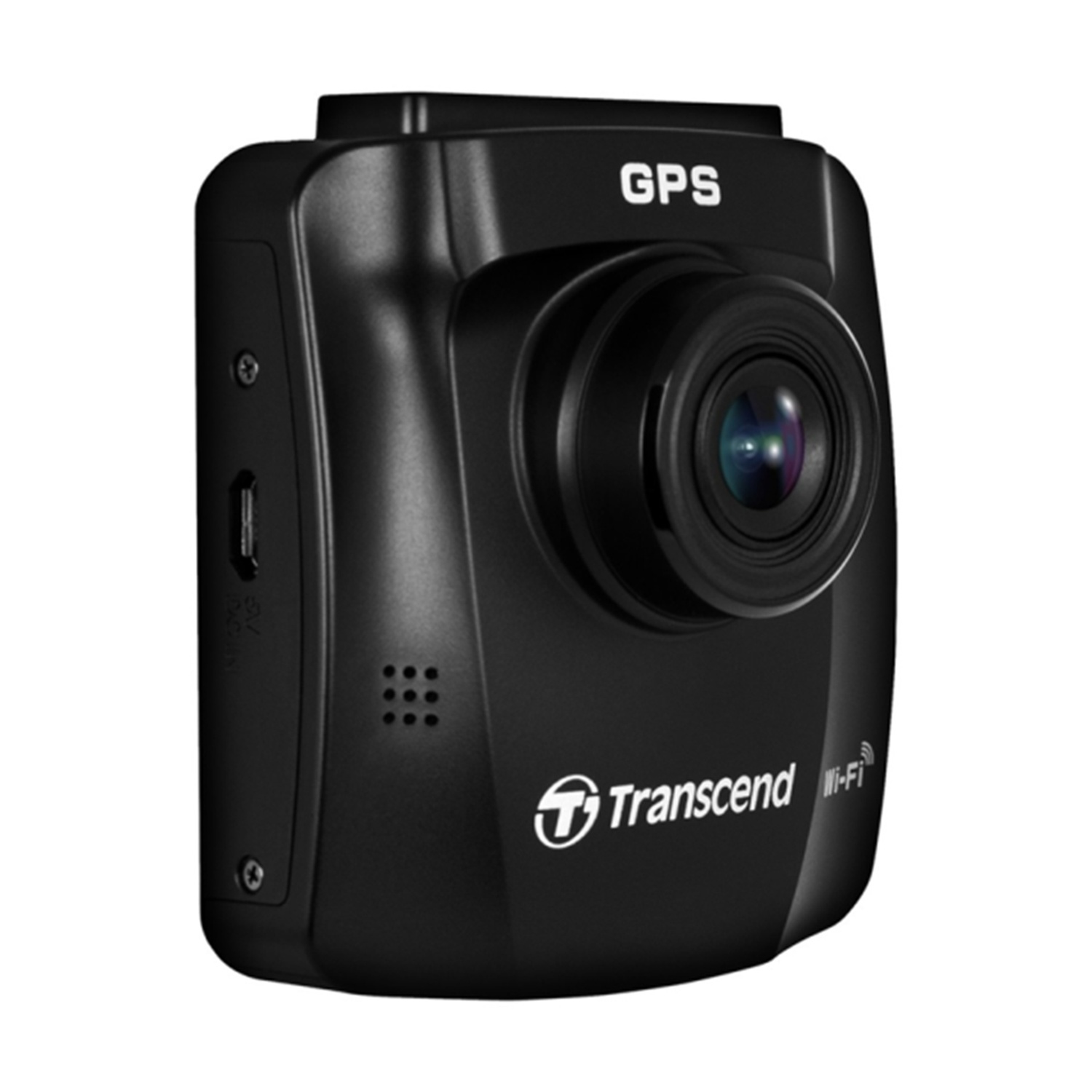 Caméra de bord noire Transcend GPS avec objectif et grille.