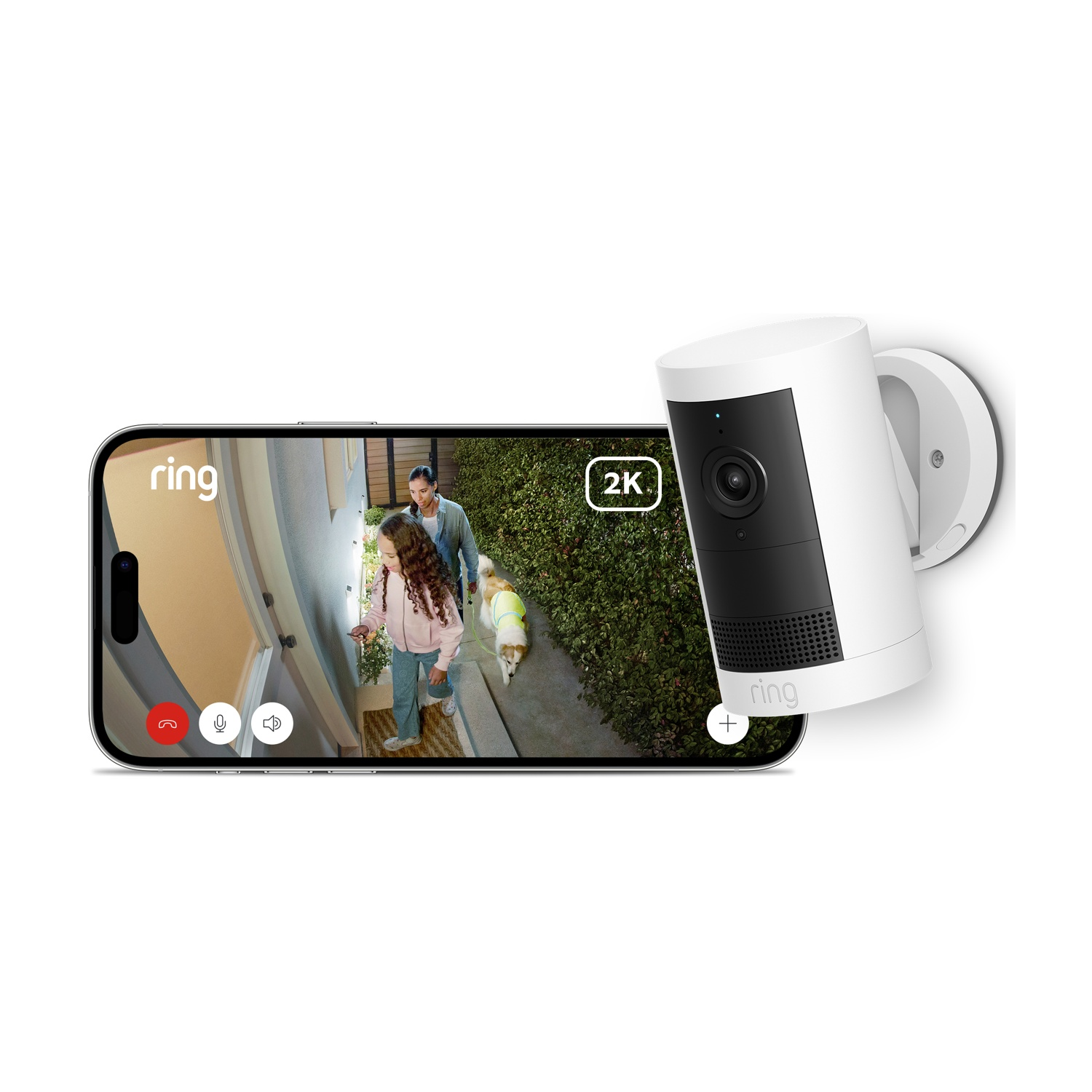 Kamera Ring: mężczyzna, dziecko, pies przed drzwiami, rozdz. 2K.