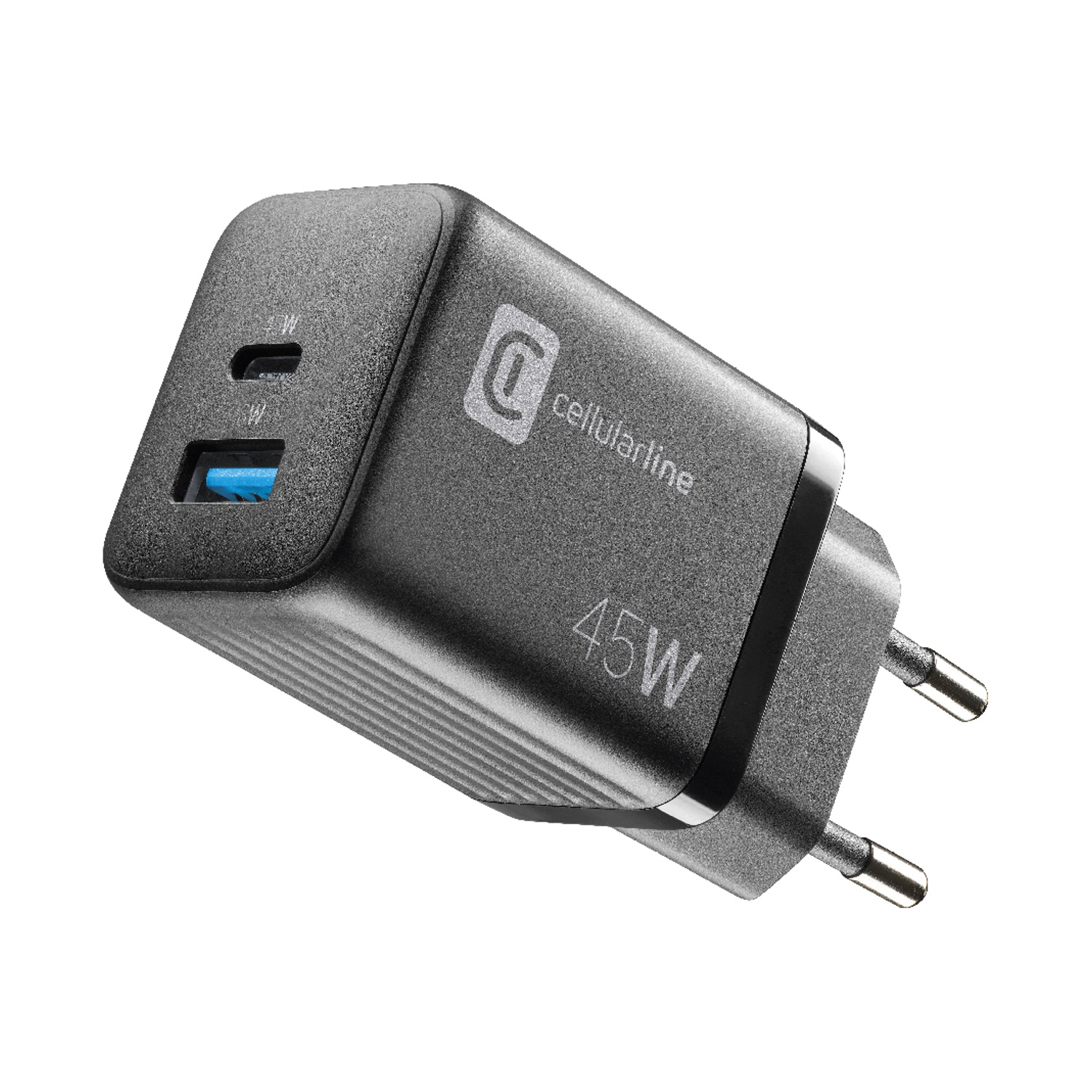 Caricatore grigio Cellularline da 45W con porte USB-C e USB-A e spina UE.