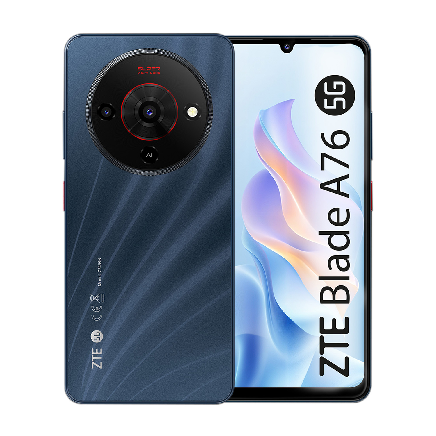 Ciemnoniebieski telefon ZTE Blade A76 5G pokazany z przodu i z tyłu. Tył ma okrągły aparat.