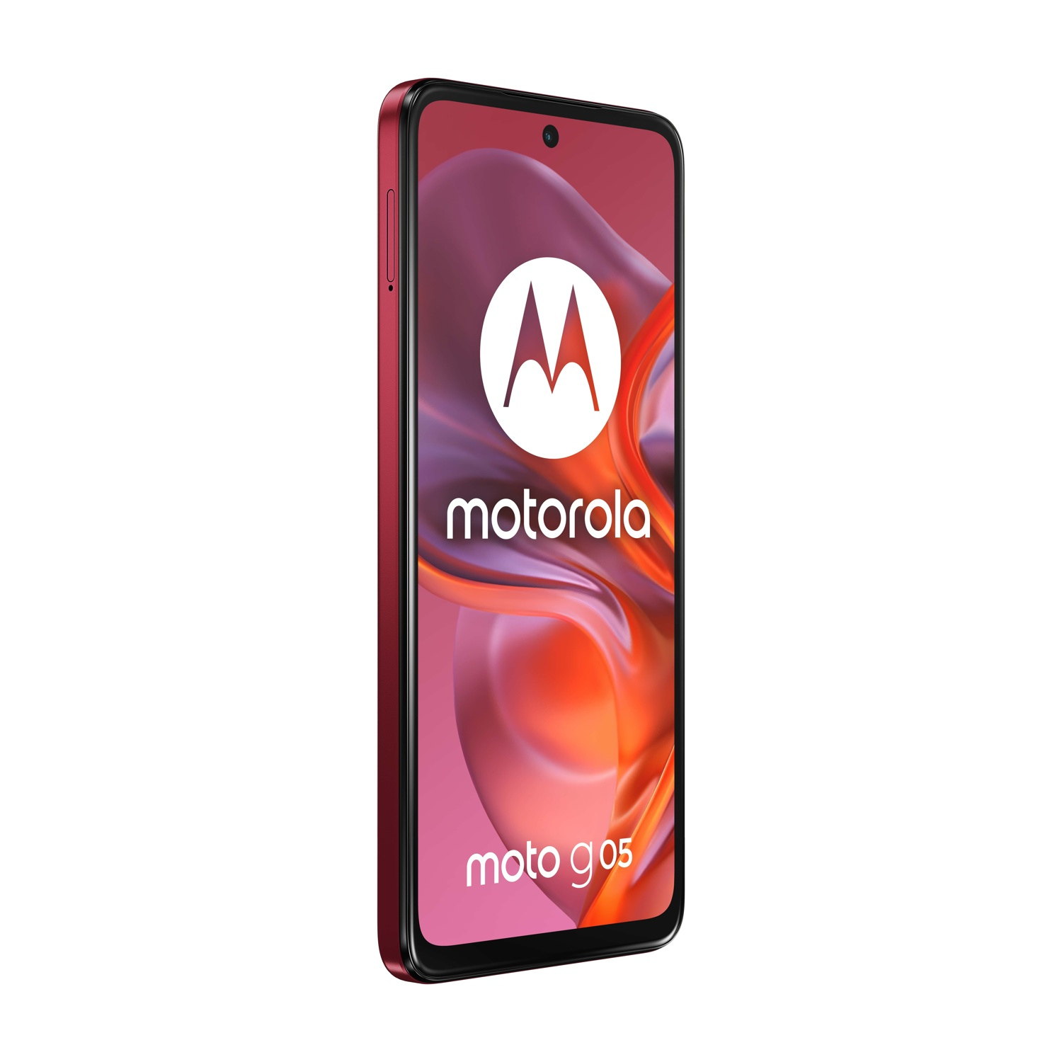 Czerwony telefon Motorola Moto G 5G z logo na ekranie.