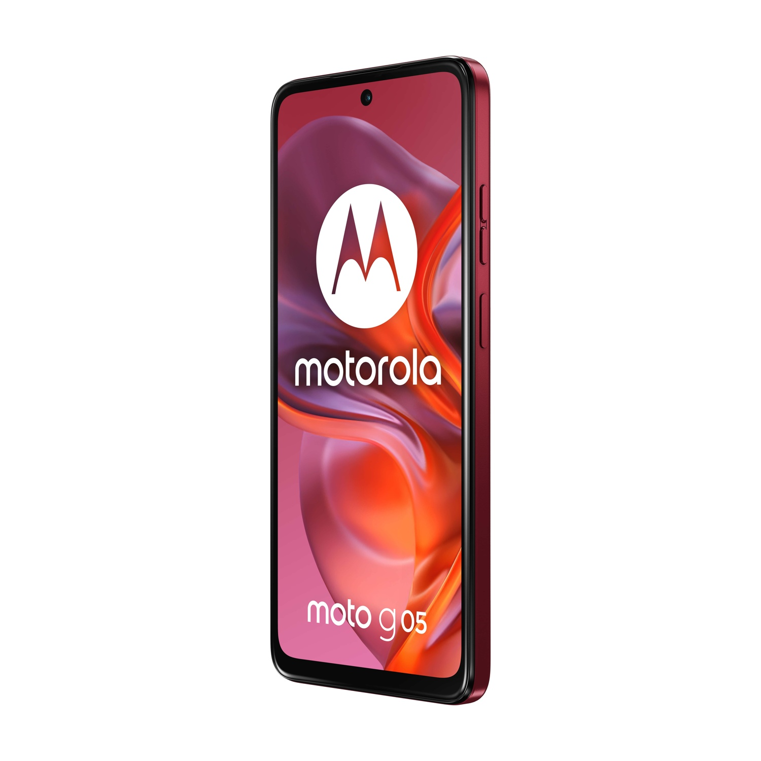 Czerwony smartfon Motorola Moto G 5G z logo Motoroli na ekranie.