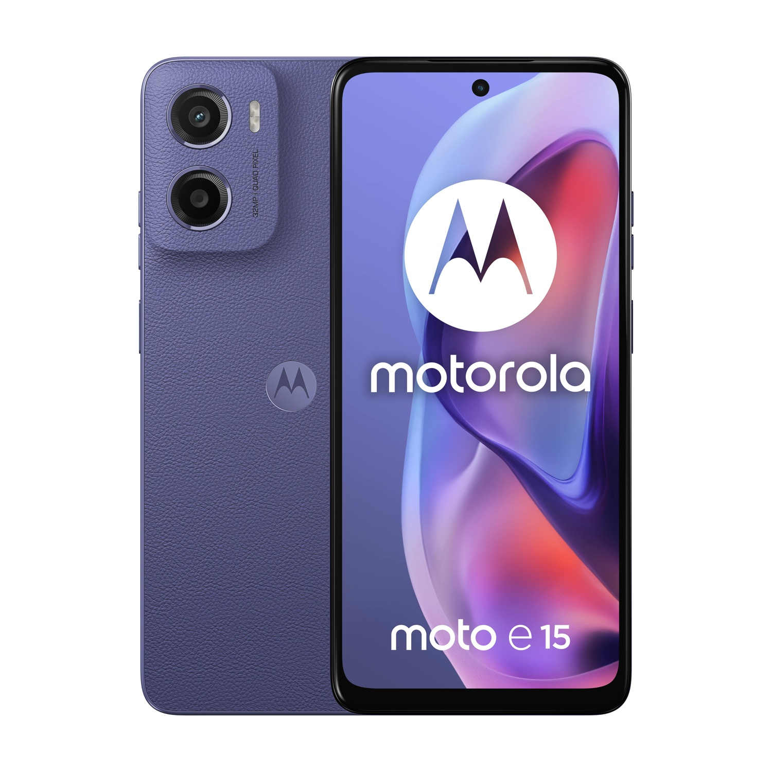 Fioletowy telefon Motorola Moto E 15, pokazany z przodu i z tyłu z podwójnym aparatem.