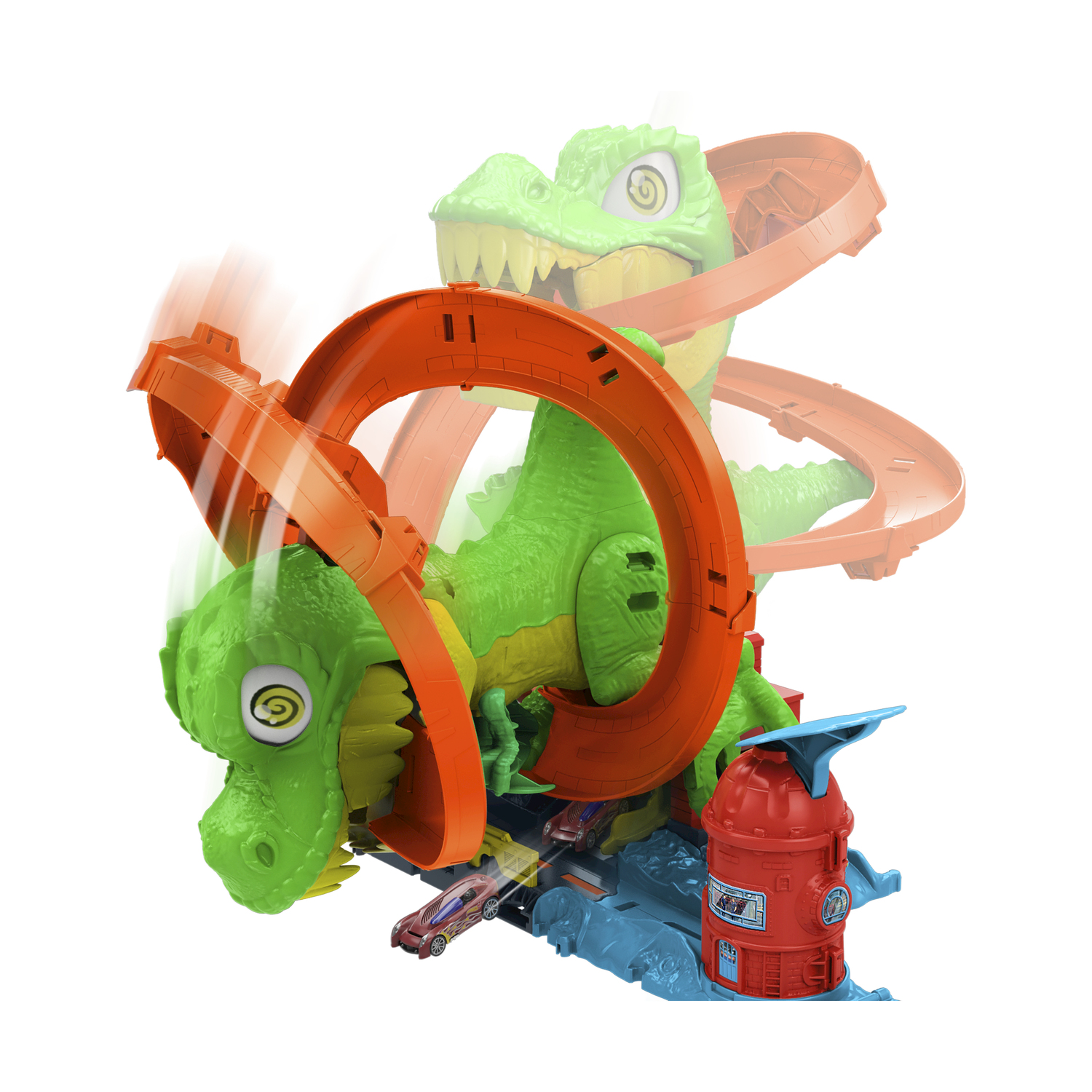 Ein grüner Dinosaurier-Spielzeug-Track mit orangefarbenen Schienen und Autos.