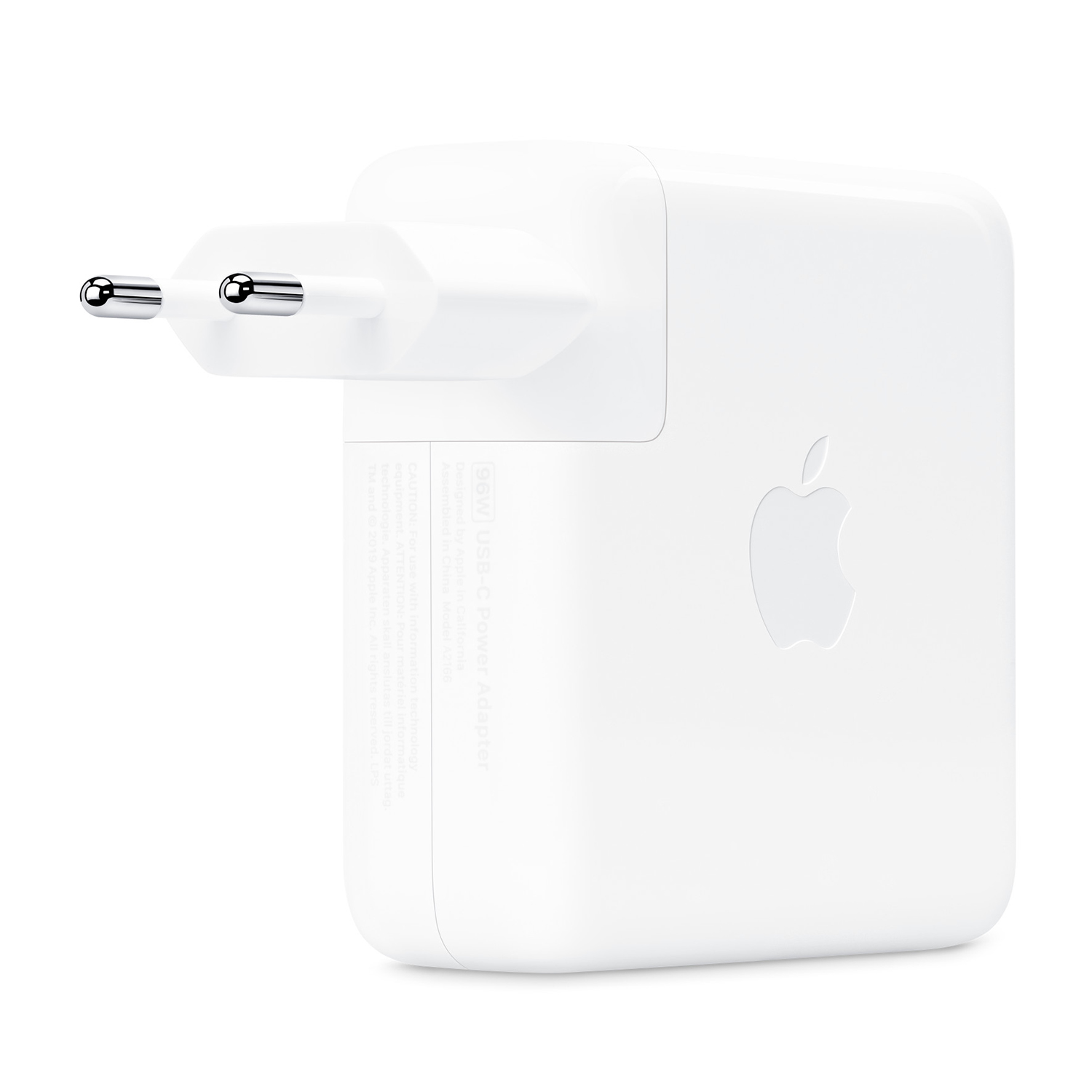 Un alimentatore bianco Apple 96W USB-C con spinotti e logo Apple.