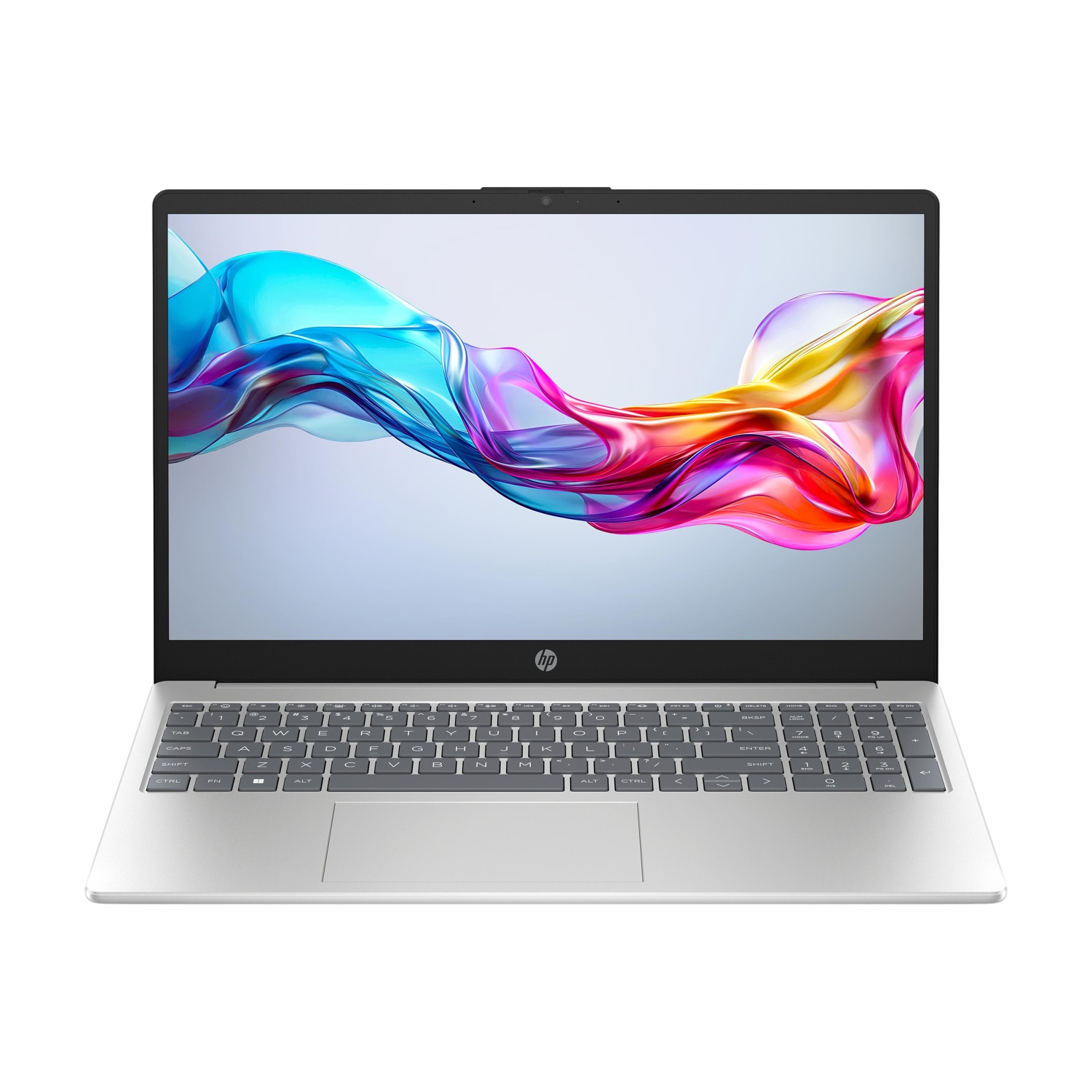 Un laptop argentato mostra un'immagine di sfondo colorata e fluida sullo schermo.