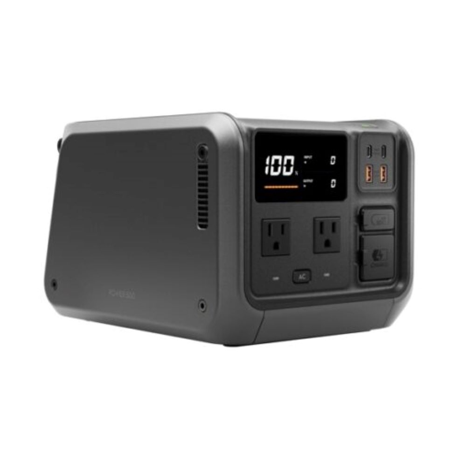 Schwarzer tragbarer Stromgenerator mit digitalen Anzeigen und mehreren Anschlüssen.