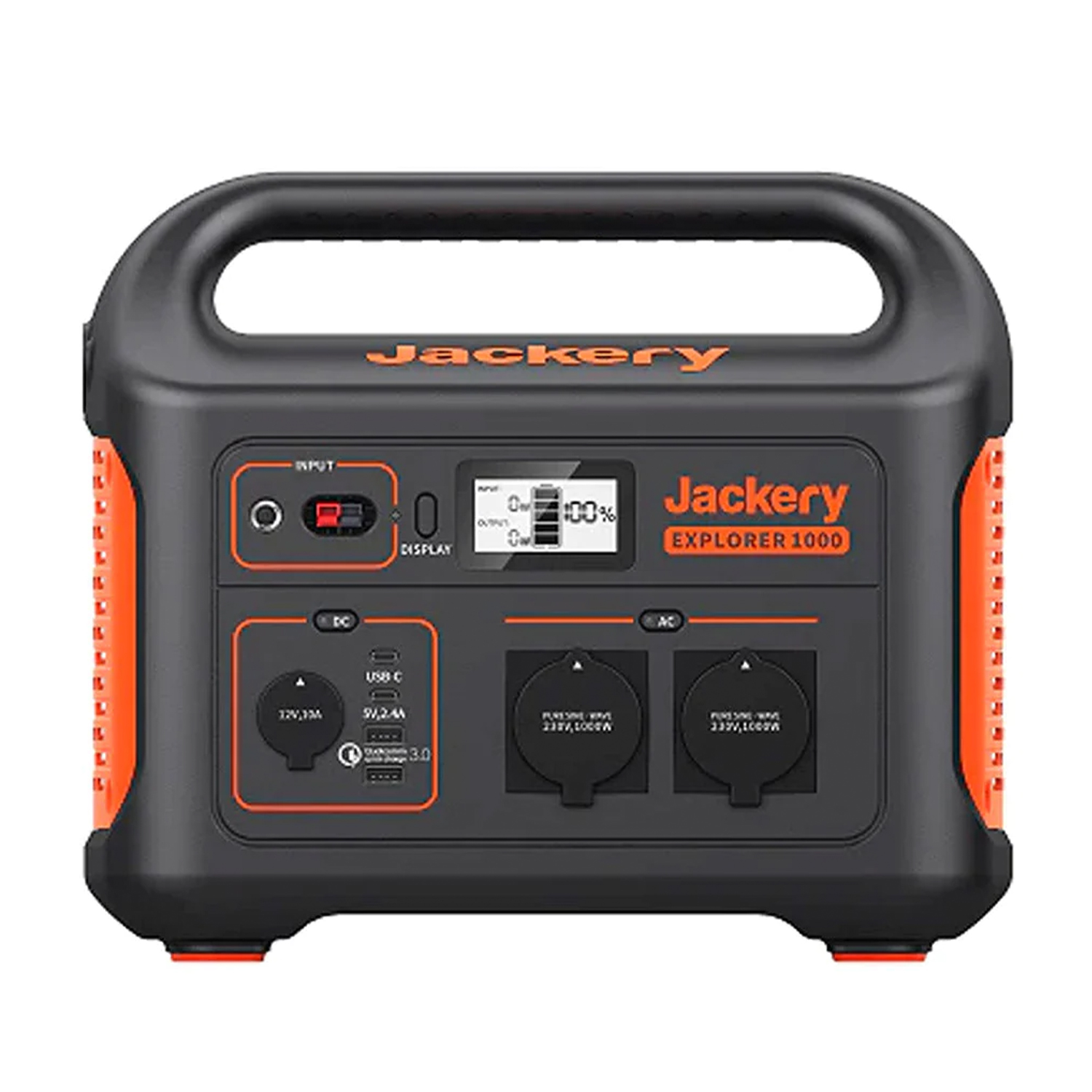 Schwarzer Jackery Explorer 1000 mit orangefarbenen Akzenten, Tragegriff und Bedienelementen.