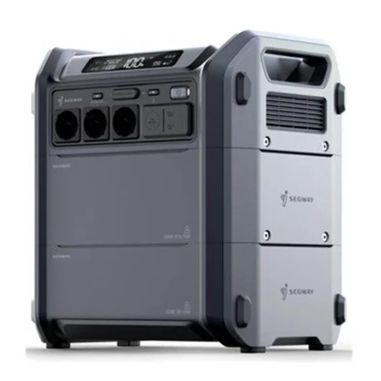 Szara przenośna stacja zasilania z wieloma gniazdami i wyświetlaczem cyfrowym.