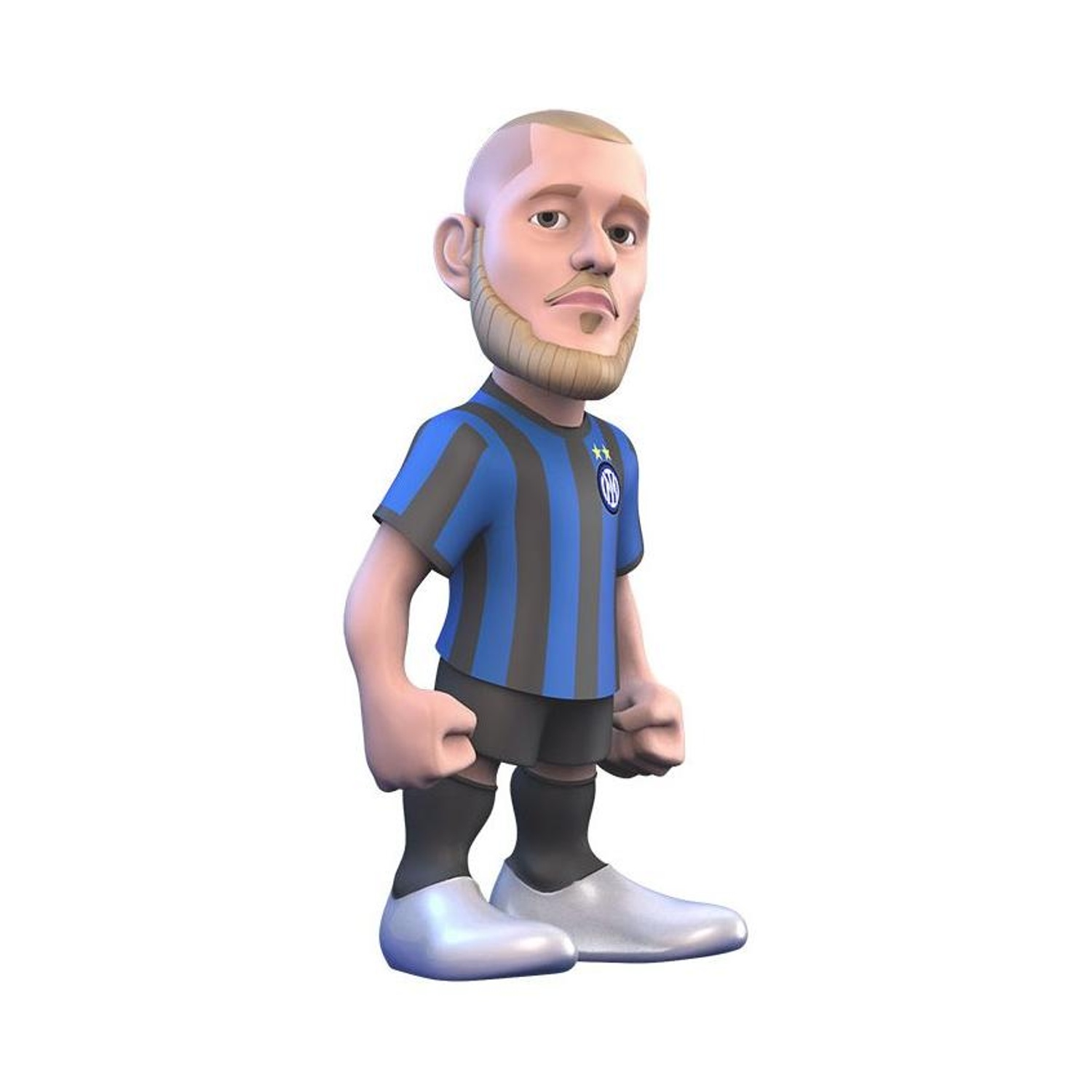 Kreskówkowa figurka 3D brodatego mężczyzny w niebiesko-czarnej koszulce piłkarskiej w paski, czarnych szortach i srebrnych butach.