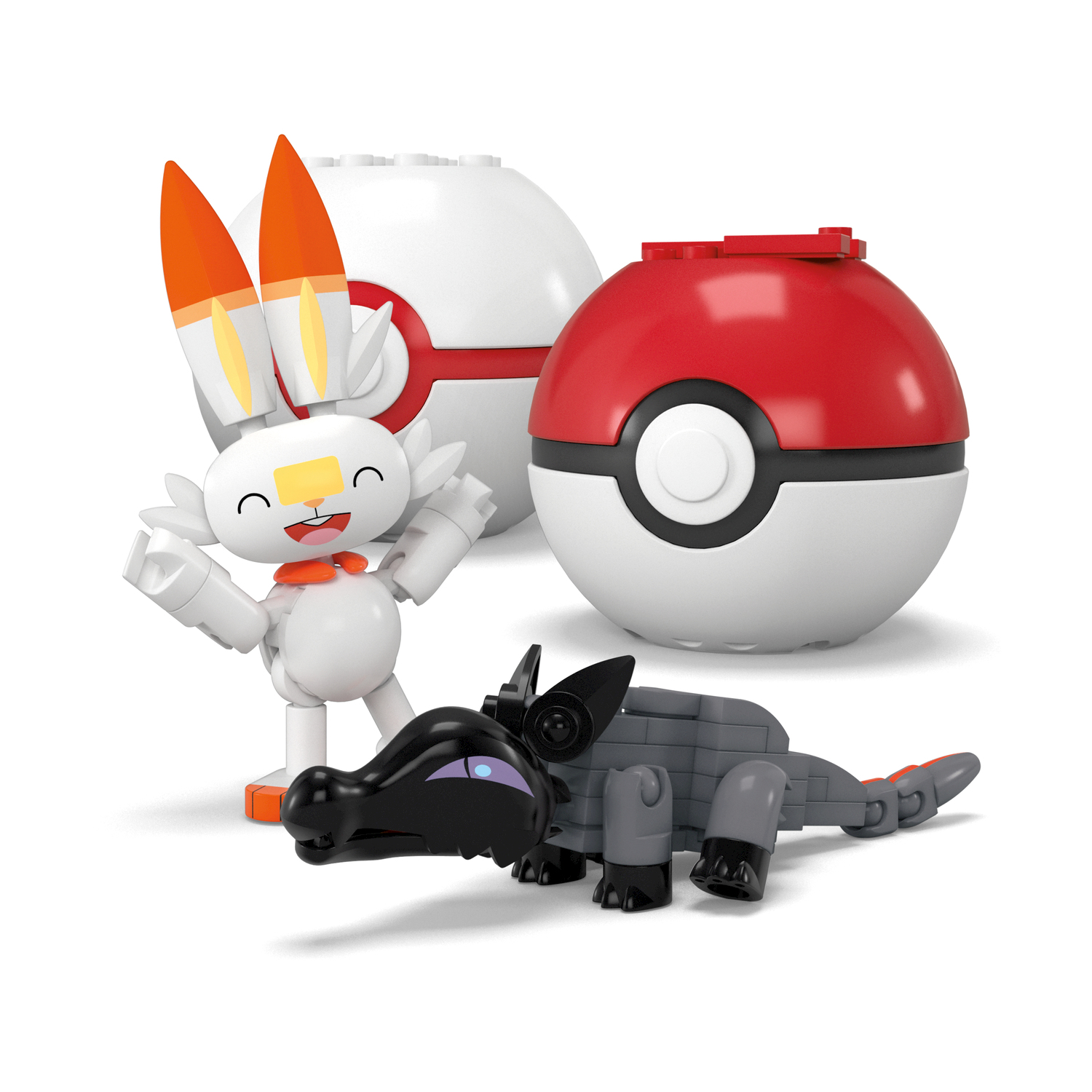 Tre figure Pokémon: Scorbunny, una creatura grigia e due Poké Ball.