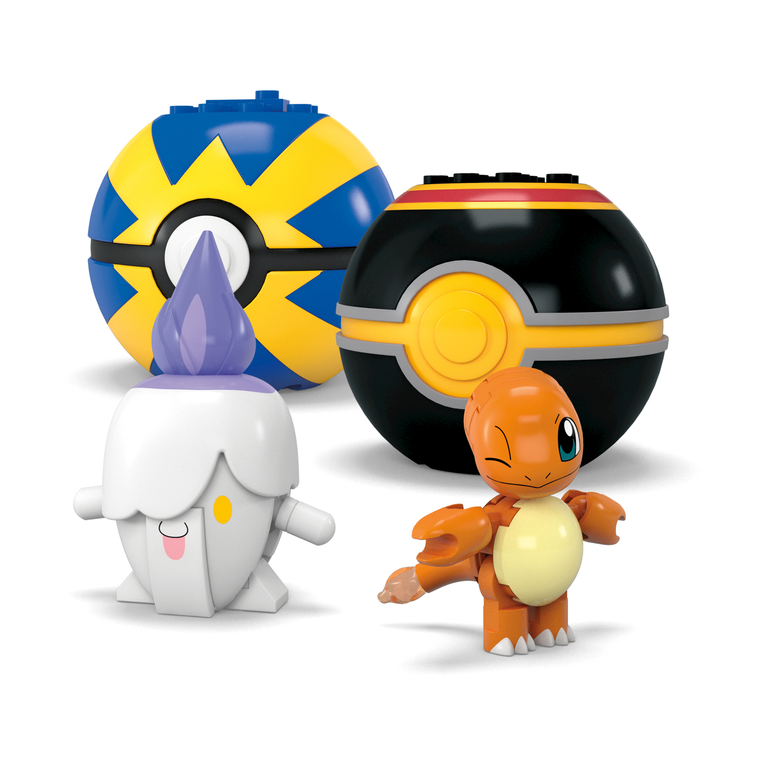 Tre figure Pokémon costruibili: Charmander, Litwick e due Poké Ball.