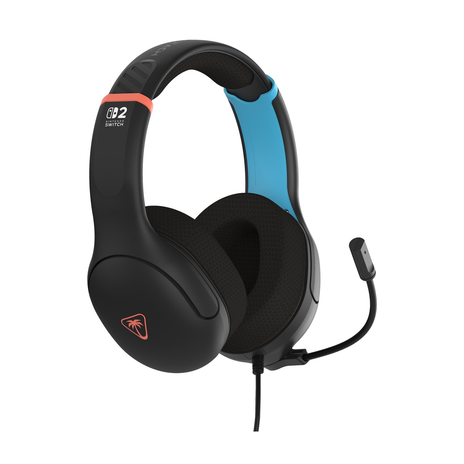Cuffie nere con microfono, logo Nintendo Switch, accenti blu e arancioni.