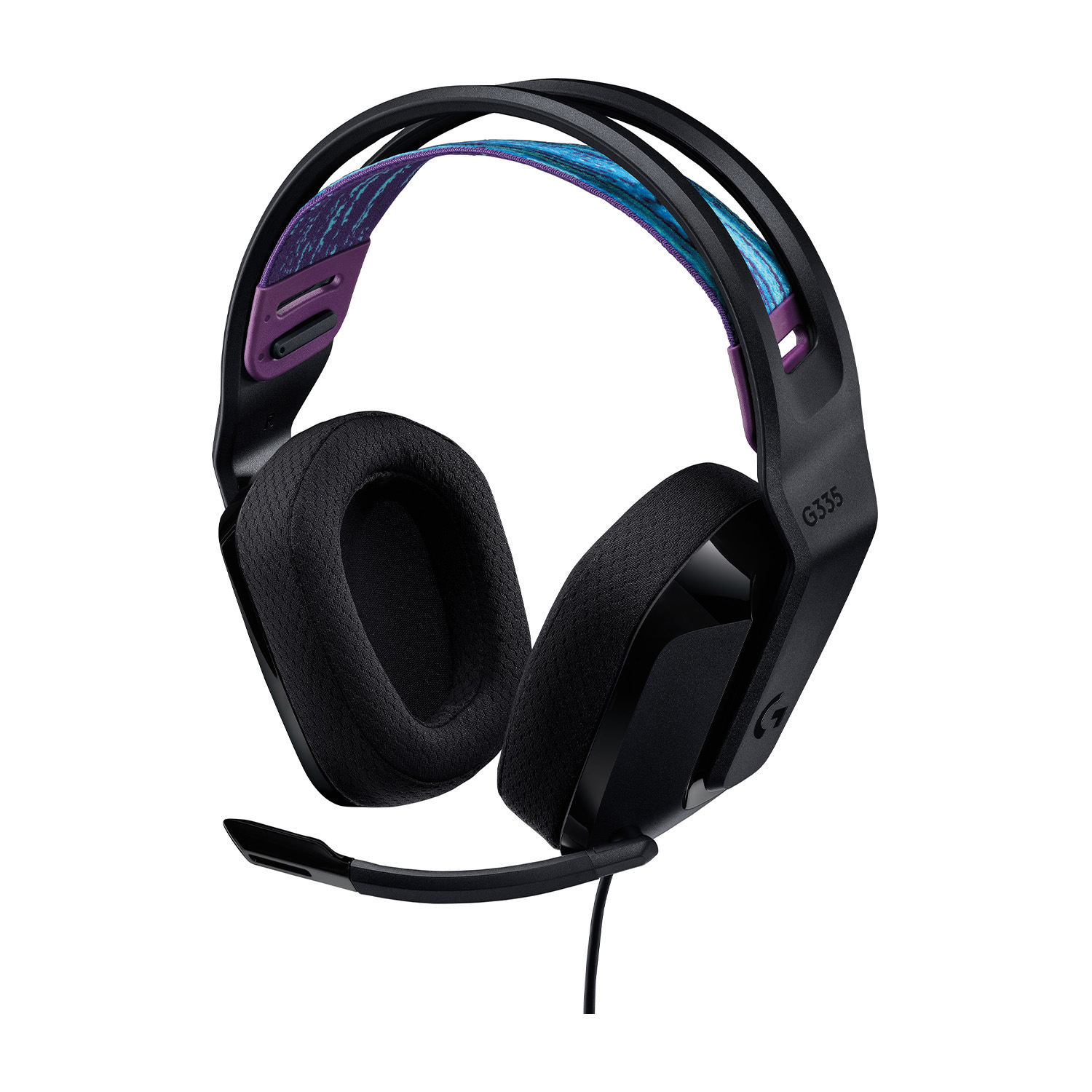 Cuffie da gaming nere con fascia in tessuto blu-viola e microfono.