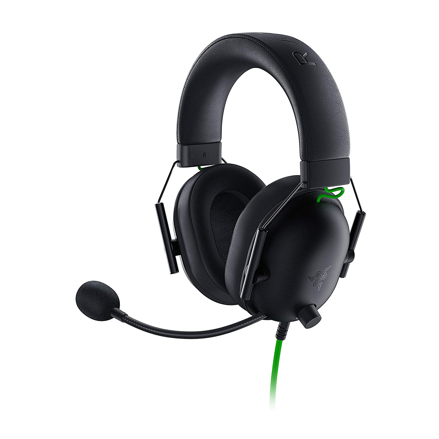 Cuffie da gaming nere con microfono e cavo verde su sfondo bianco.