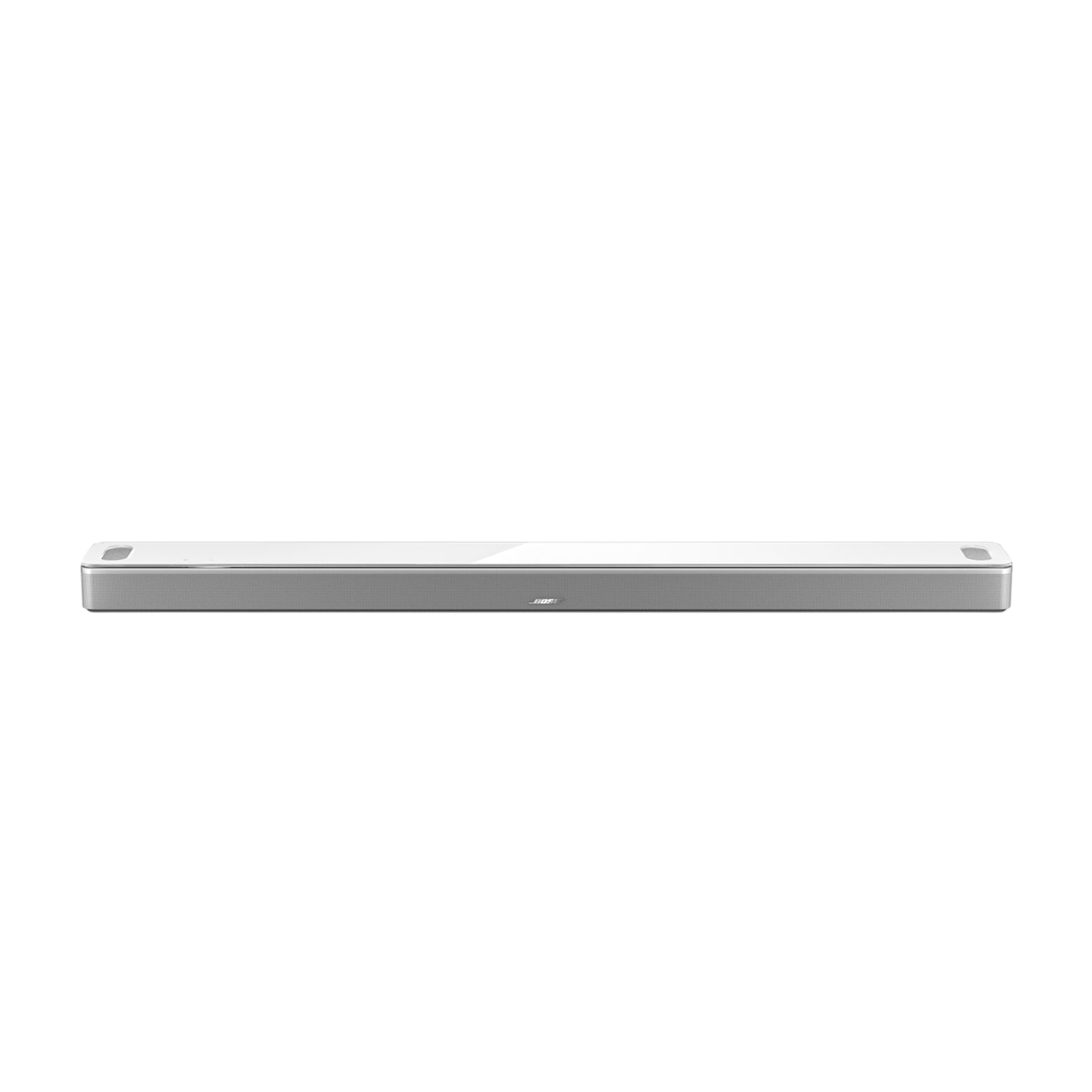 Ein schlankes, weißes Bose Soundbar-Lautsprechersystem steht vor einem schwarzen Hintergrund.