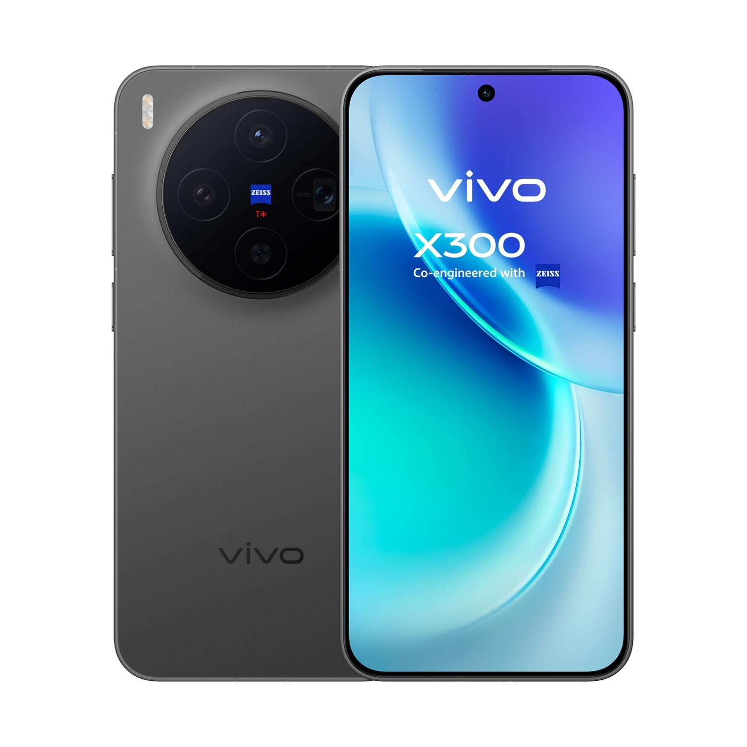 Szary smartfon z dużym modułem aparatu i wyświetlaczem Vivo X300.