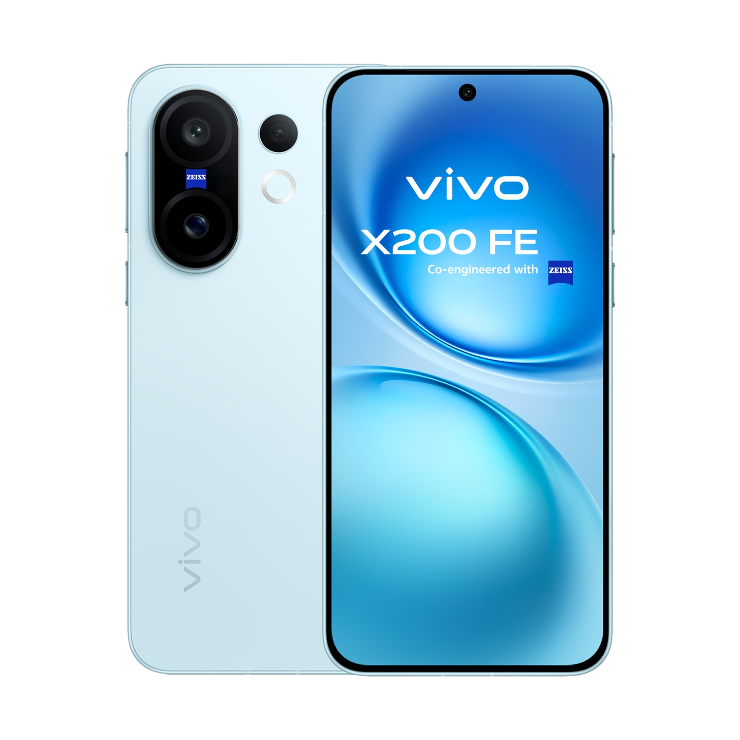 Jasnoniebieski smartfon Vivo X200 FE z potrójnym aparatem i logo Zeiss.