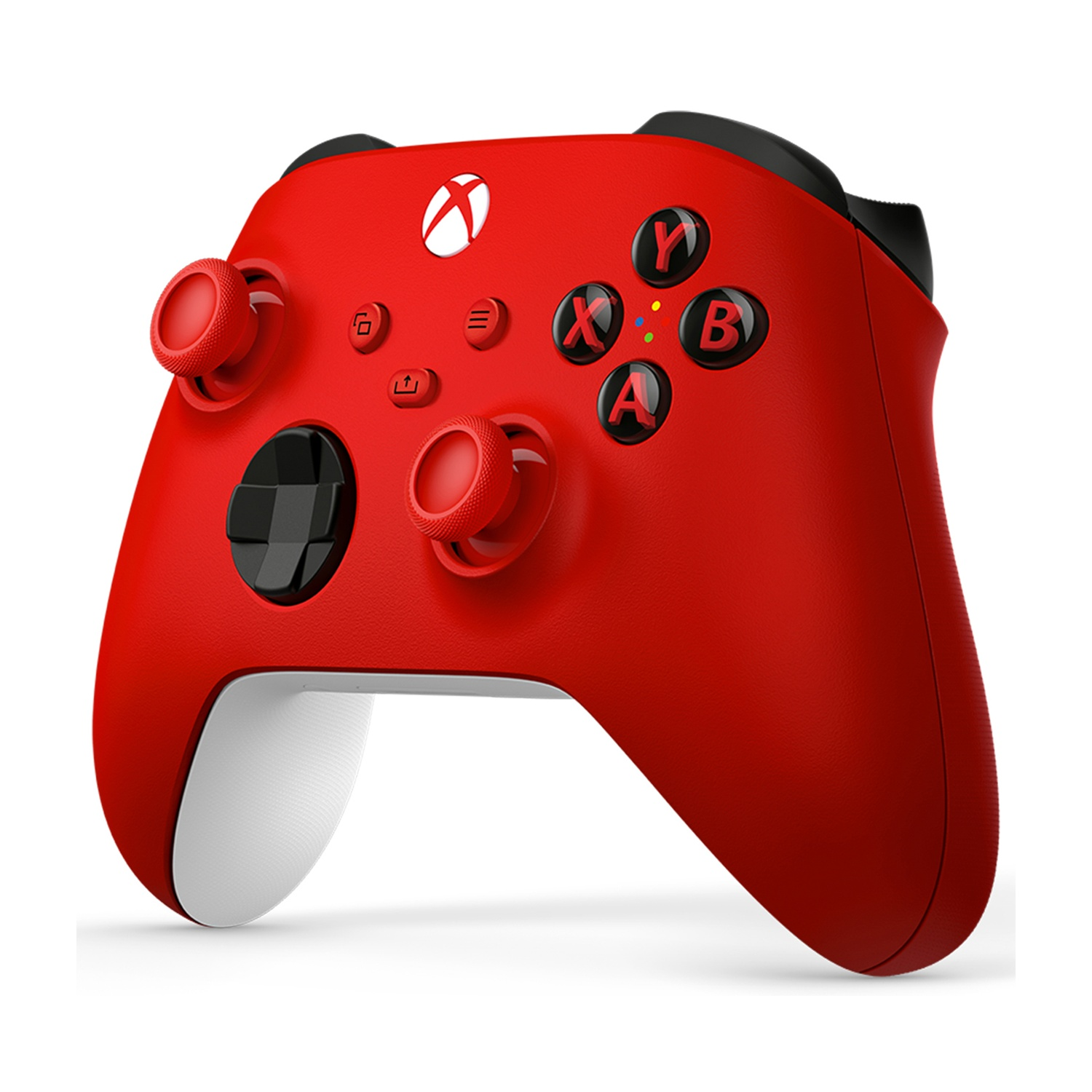 Een rode Xbox controller met witte handvatten en zwarte knoppen.