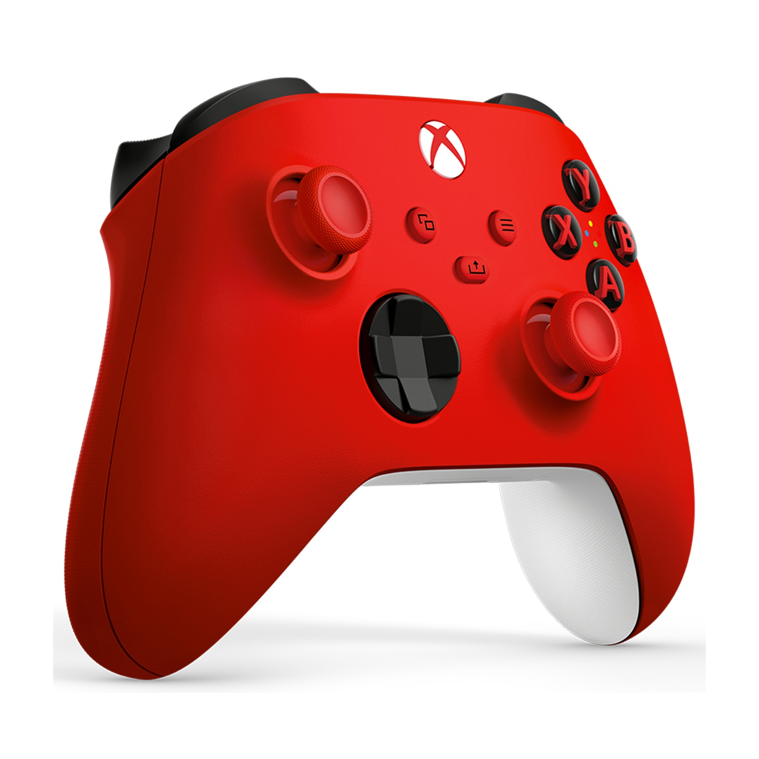 Een rode Xbox controller met zwarte knoppen en witte accenten.