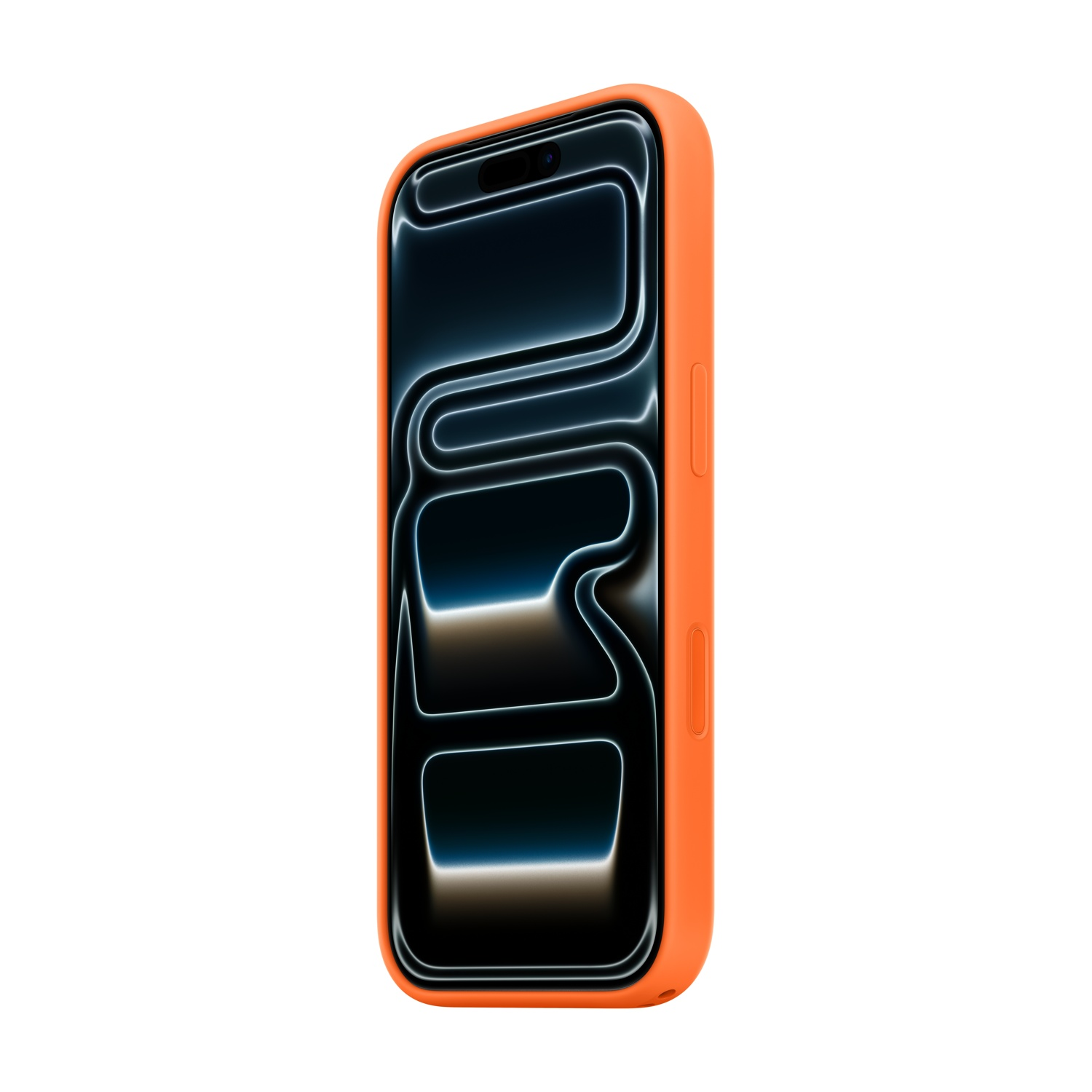 Een oranje iPhone hoesje met een donker scherm met gloeiende lijnen.
