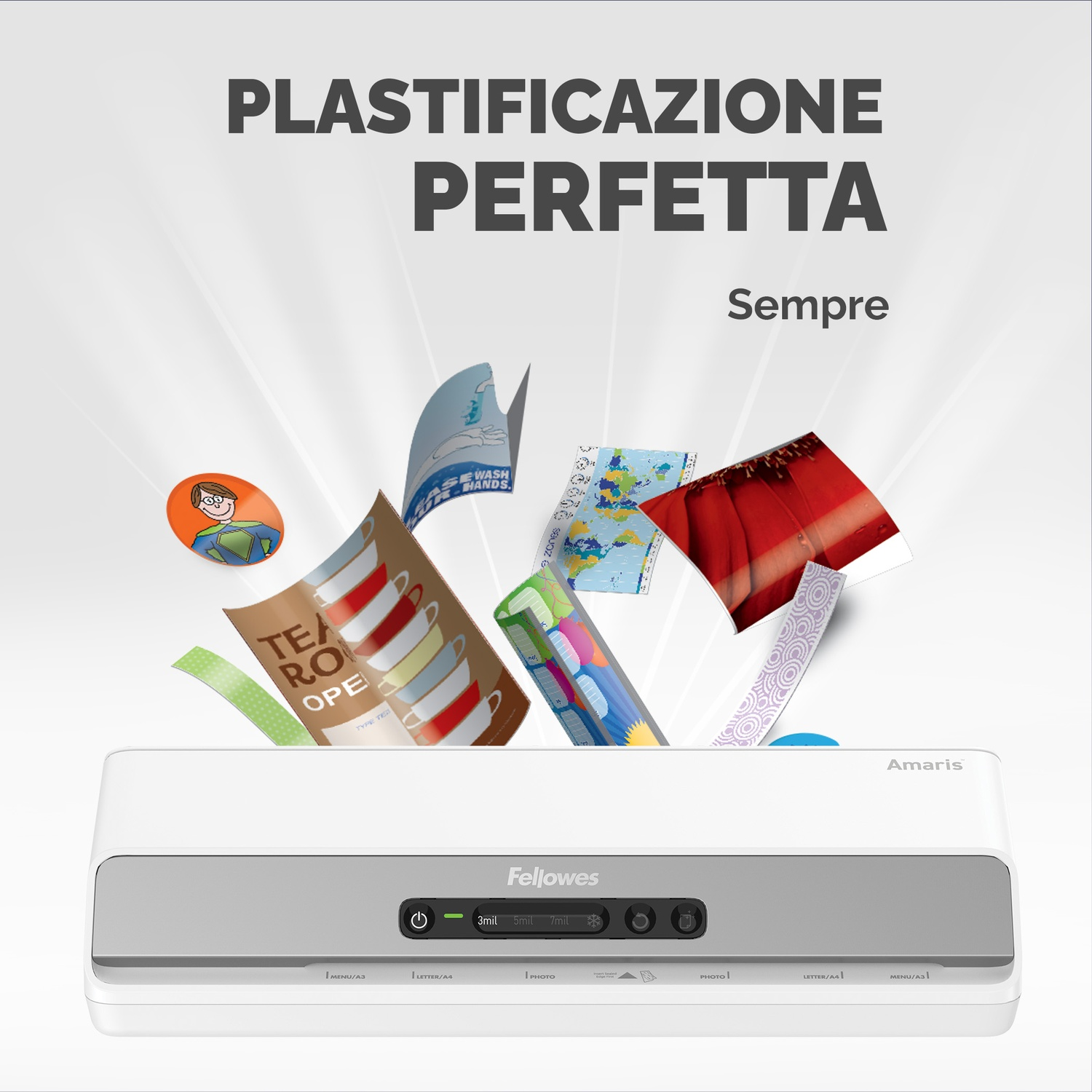 Una plastificatrice bianca con vari documenti stampati e adesivi che ne escono.