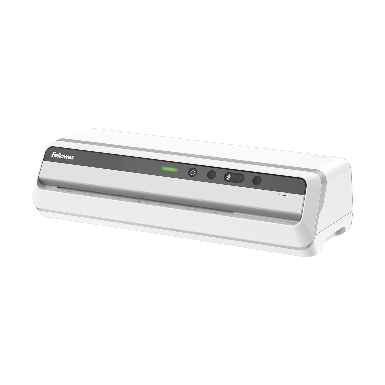 Una plastificatrice Fellowes bianca con controlli e spia verde accesa.