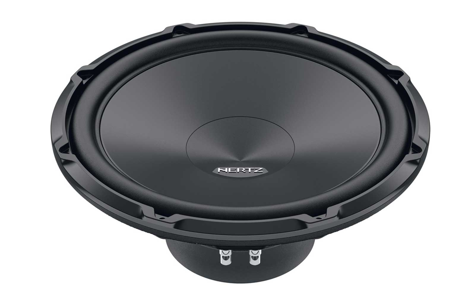 Schwarzer Subwoofer mit Hertz-Logo, auf weißem Hintergrund.