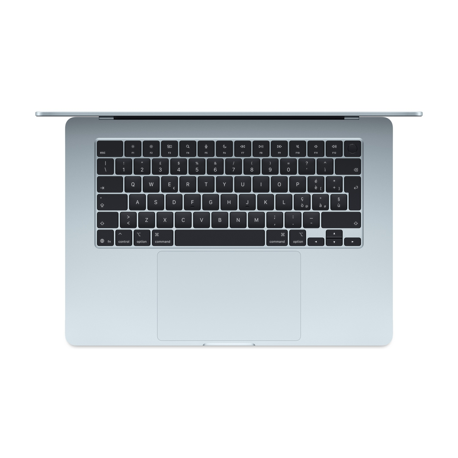 Un MacBook azzurro visto dall'alto, con tastiera e trackpad.