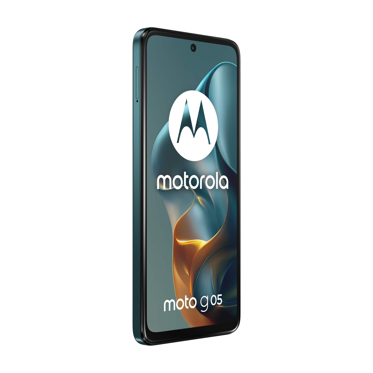 Niebiesko-zielony smartfon Motorola Moto G05 z logo na ekranie.