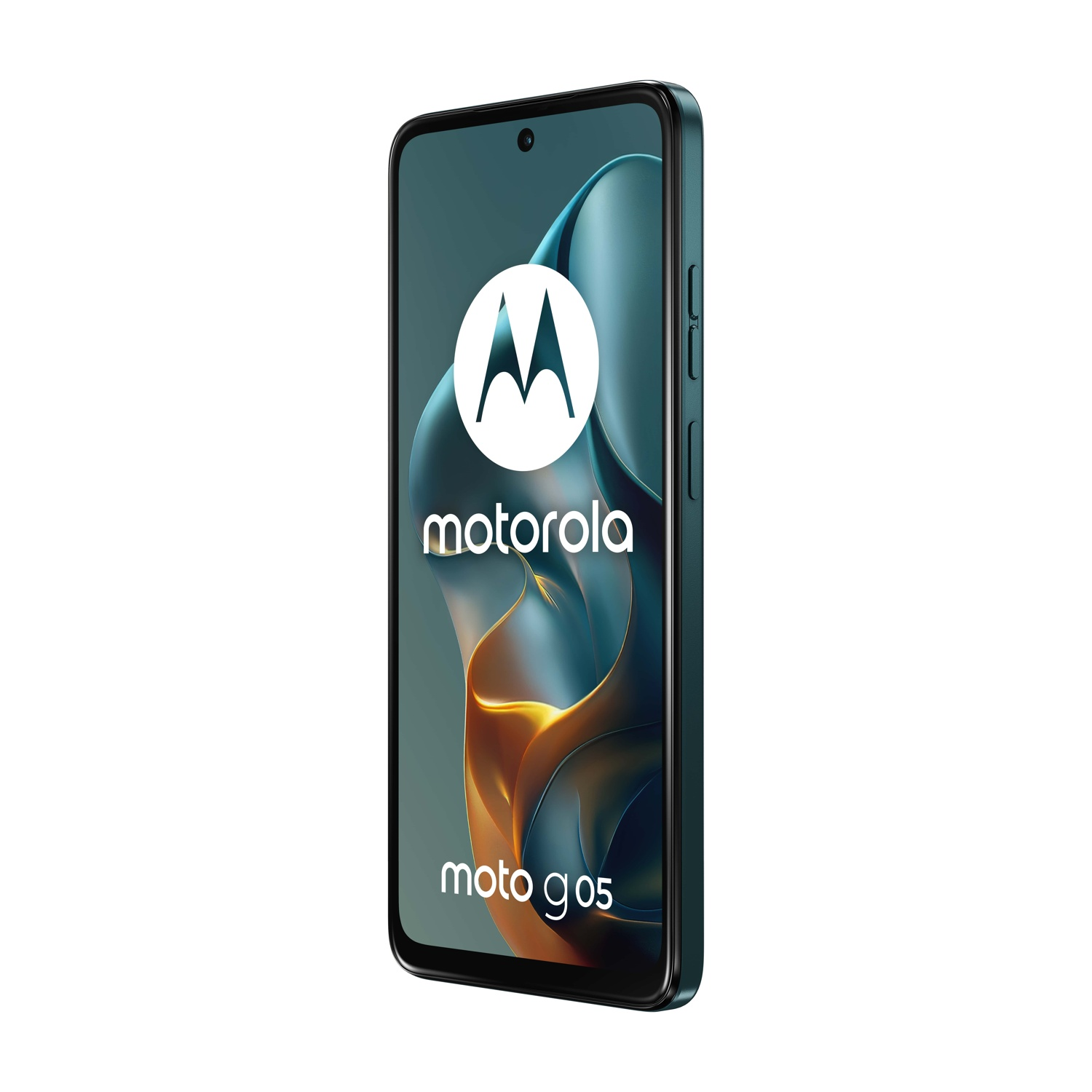 Niebiesko-zielony smartfon Motorola Moto G05 z logo Motoroli na ekranie.
