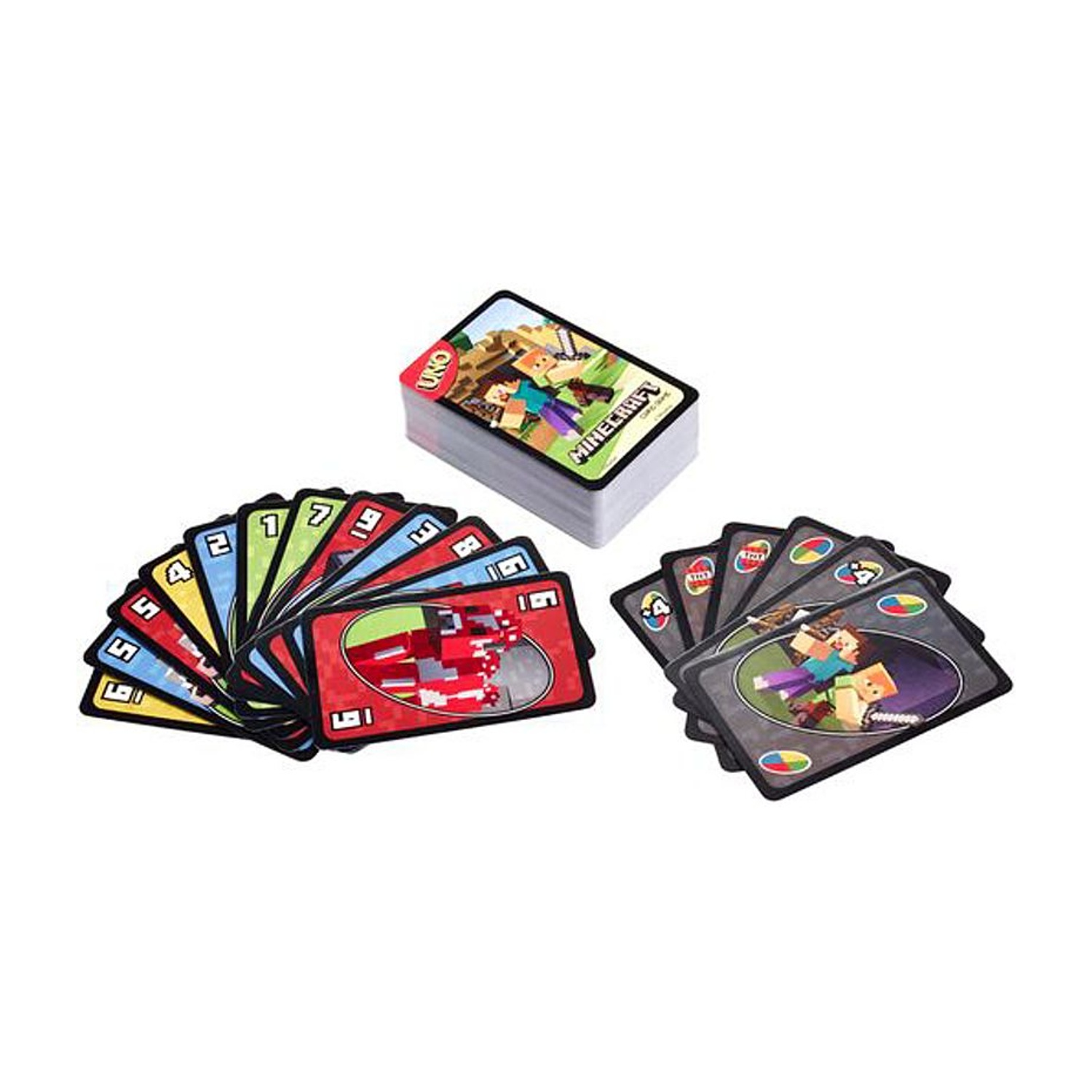 Karty UNO Minecraft: Stos i dwa wachlarze kolorowych kart.