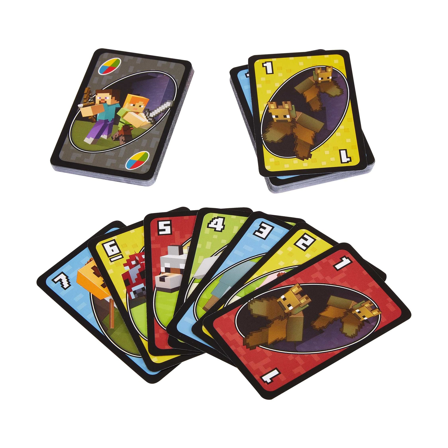 Karty UNO Minecraft: Steve i Alex na ciemnej karcie; żółte, niebieskie, czerwone, zielone karty z liczbami.