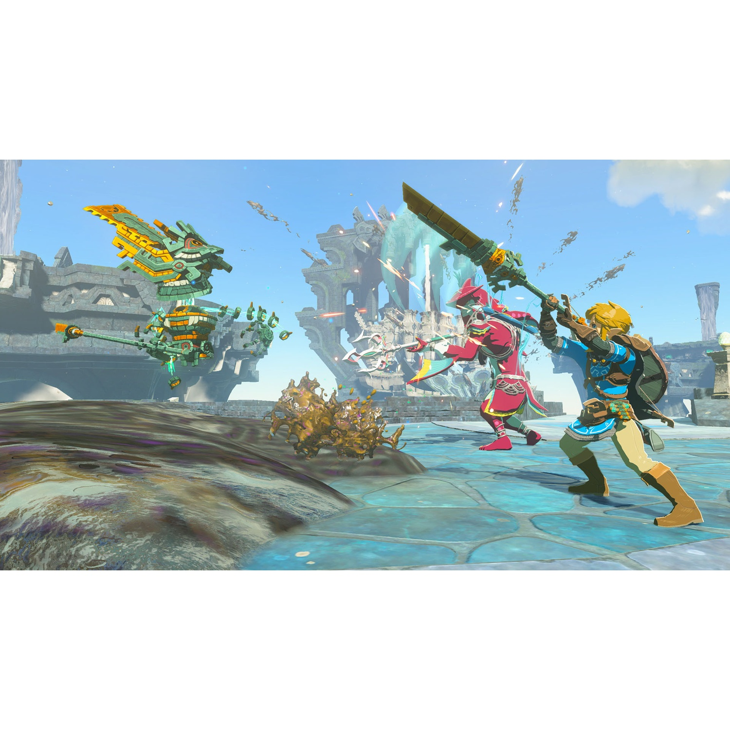 Link combatte un nemico rosso e una bestia meccanica in un paesaggio in rovina.