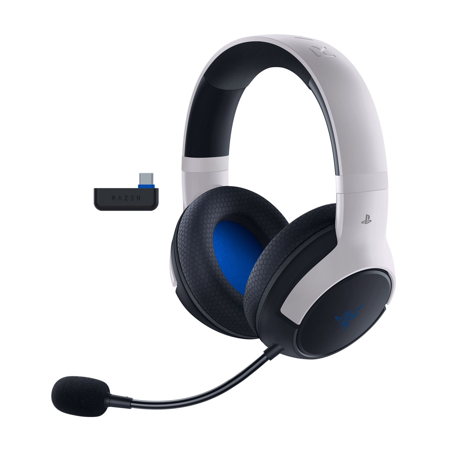 Białe słuchawki z czarnymi nausznikami i niebieskim elementem, obok dongle USB.