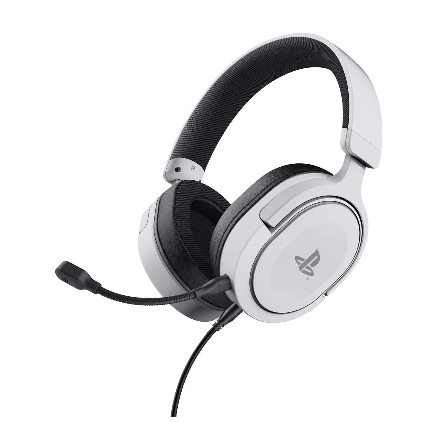 Białe słuchawki gamingowe z mikrofonem i logo PlayStation.